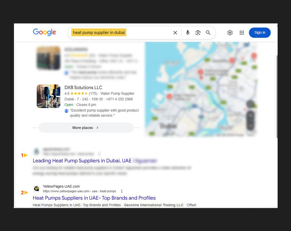 Google search ranking number one for heat pump supplier in Dubai