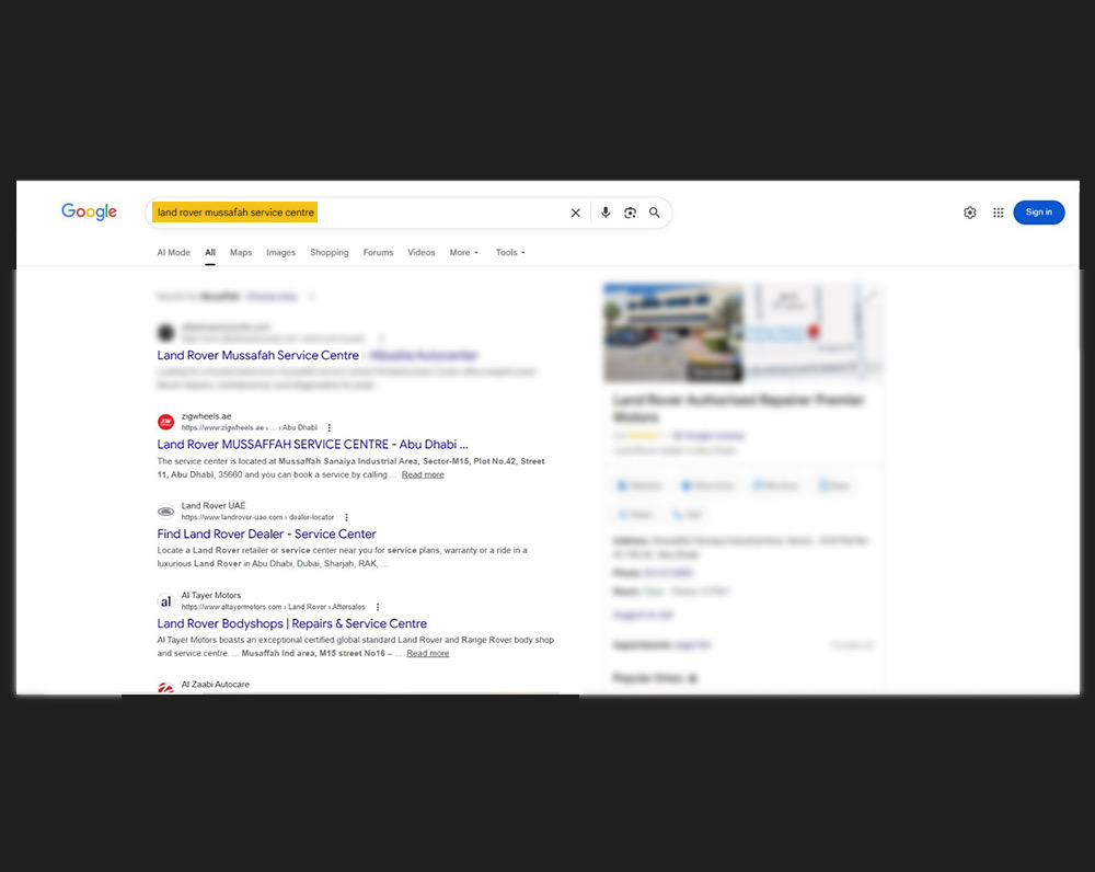 Google search ranking number one for Land Rover Mussafah service centre