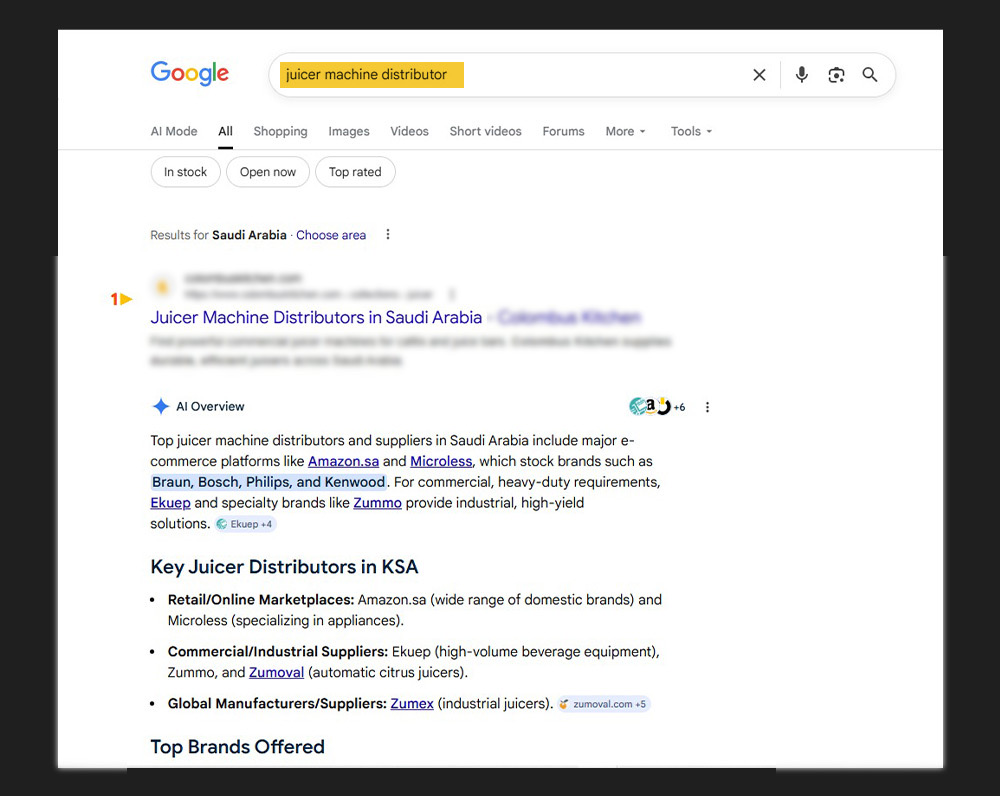 Google search ranking number one for juicer machine distributor in Saudi Arabia