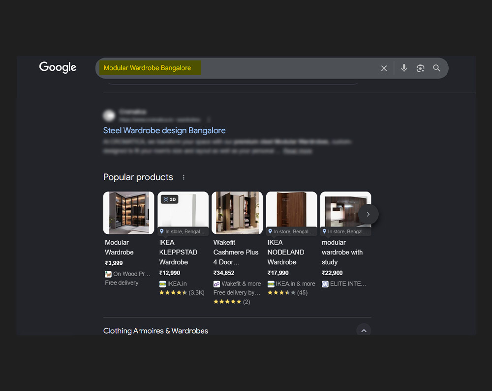 Google search top ranking for modular wardrobe Bangalore
