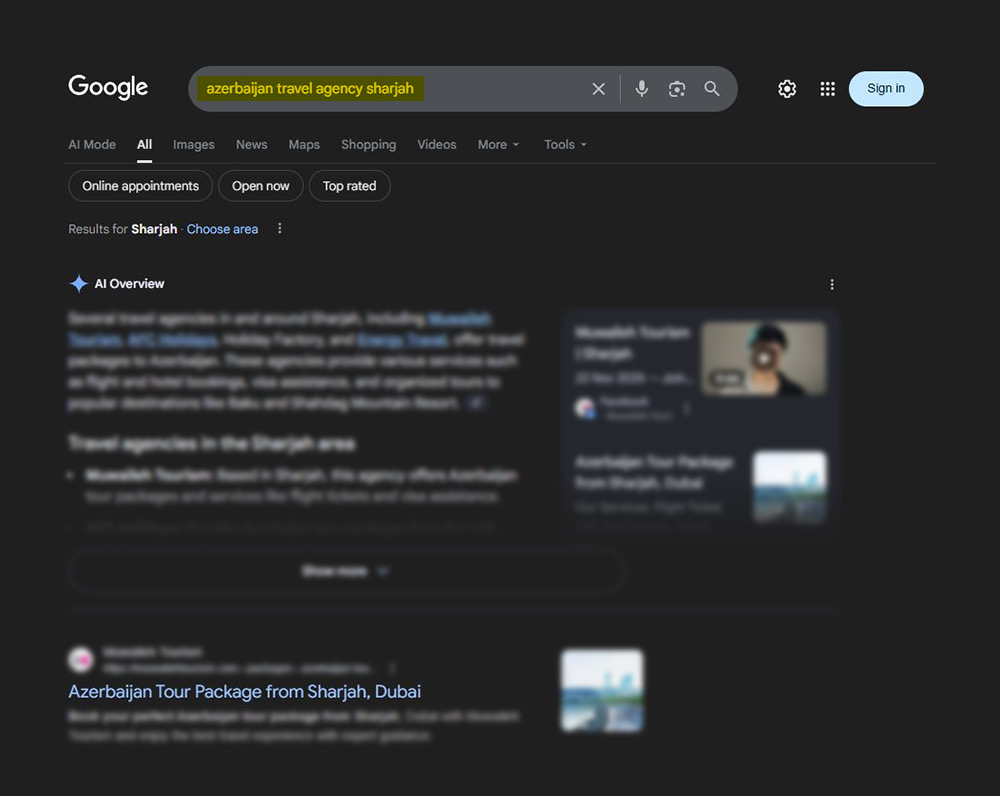 Google AI Overview citation for azerbaijan travel agency Sharjah